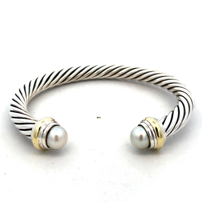 925 Sterling Silver David Yurman 14K Gold Pearl Classic Cable Cuff Bracelet