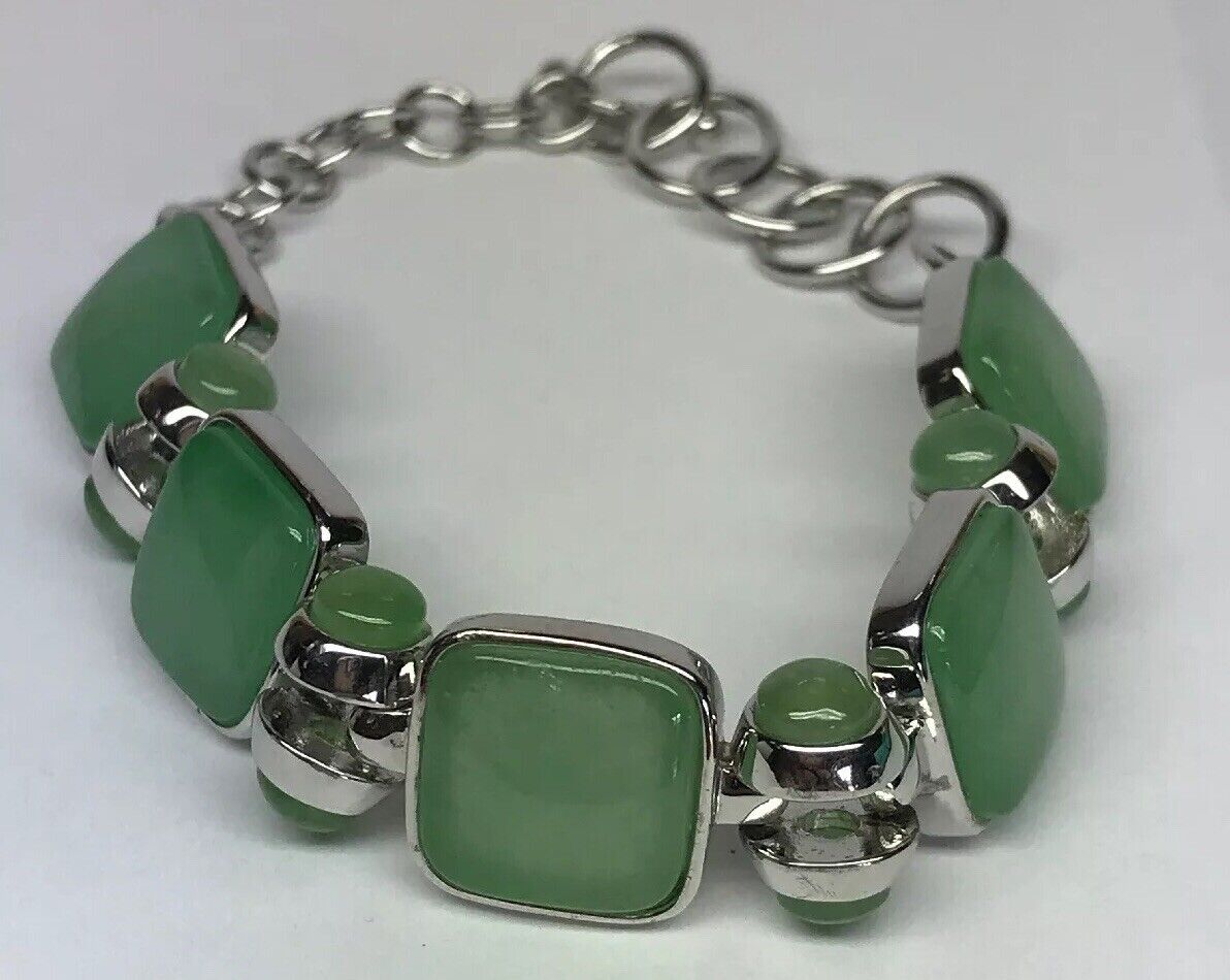 Designer CJ Sterling Silver Green Jadeite Jade Square Link Toggle Bracelet S178