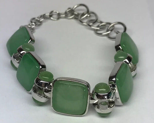 Designer CJ Sterling Silver Green Jadeite Jade Square Link Toggle Bracelet S178
