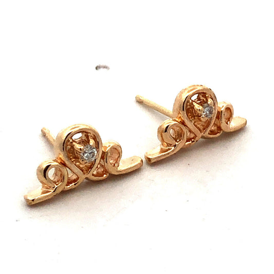 Designer 14K Yellow Gold Round Diamond Swirl Loop Stud Earrings
