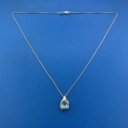 Designer Sterling Silver 10K Yellow Gold Blue Topaz Solitaire Diamond Necklace