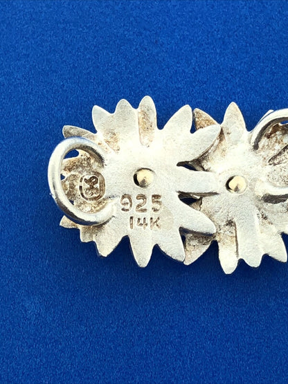 Stunning Sterling Silver 925 14k Gold Floral Twin Daisy Flower Pendant