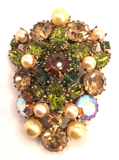 Mid Century Aurora Borealis Rhinestone Faux Pearl Statement Brooch & Earrings