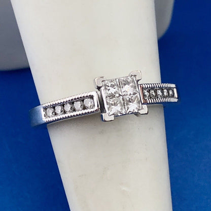 14k White Gold Ring Invisible Set Princess Diamonds Round Diamond Accents