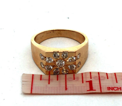 Estate Unisex 14K Yellow Gold Round Diamond Cluster Flower Square Statement Ring