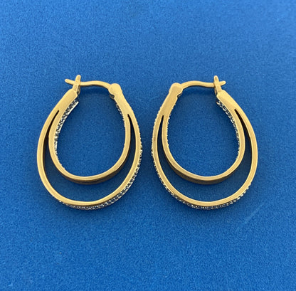 Designer Vermeil Sterling Silver 925 Round 4 Diamond Twin Oval Hoop Earrings