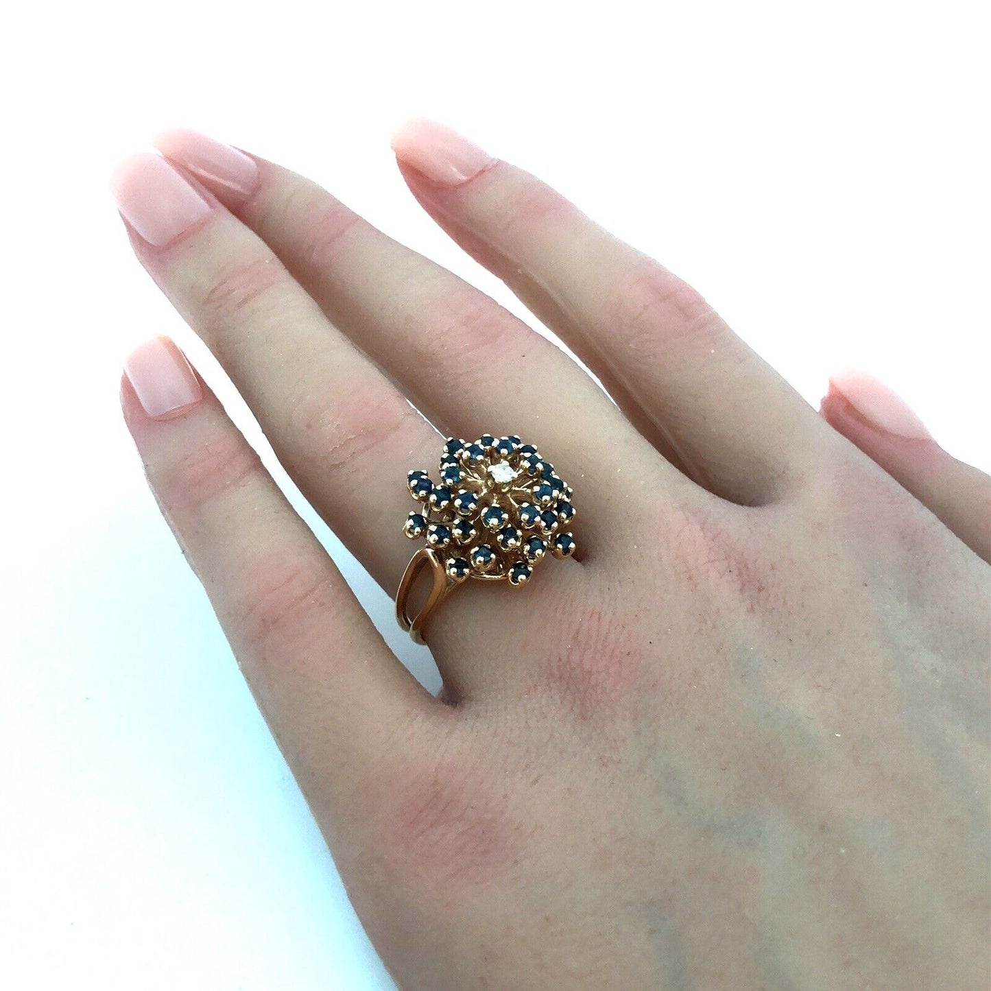 Designer HJW 14K Yellow Gold Round Sapphire Diamond Cluster Dome Cocktail Ring