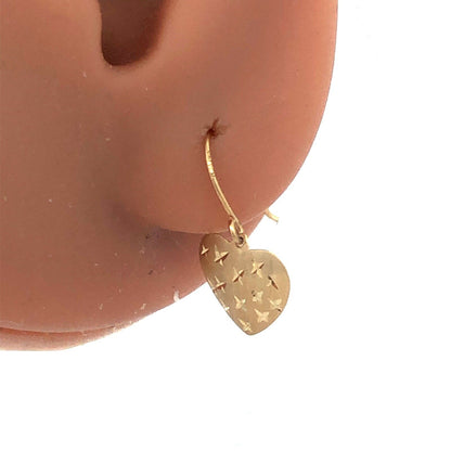 Designer JCM 14K Yellow Gold Textured Heart Love Hook Dangle Earrings