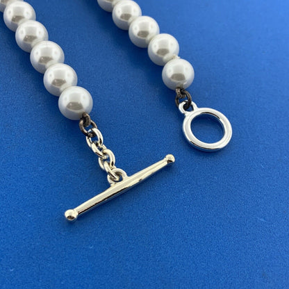 Ralph Lauren Two Tone Faux Pearl Metal Cylinder Statement Toggle Necklace