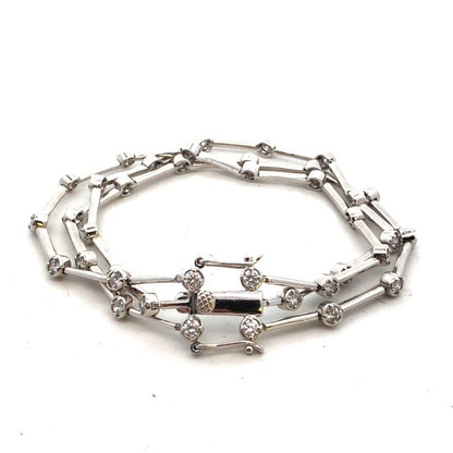 Designer FAS 925 Sterling Silver CZ Station Three Strand Bar Link Bracelet