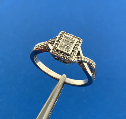 Designer 925 Sterling Silver Princess Diamond Top Halo Accented Engagement Ring