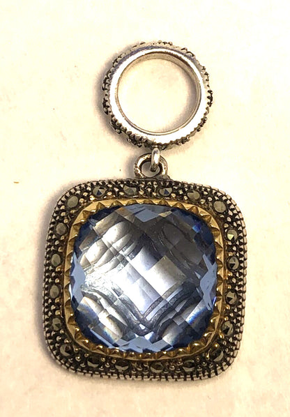 Designer 925 Sterling Silver Cushion Tanzanite Marcasite Two-Tone Square Pendant