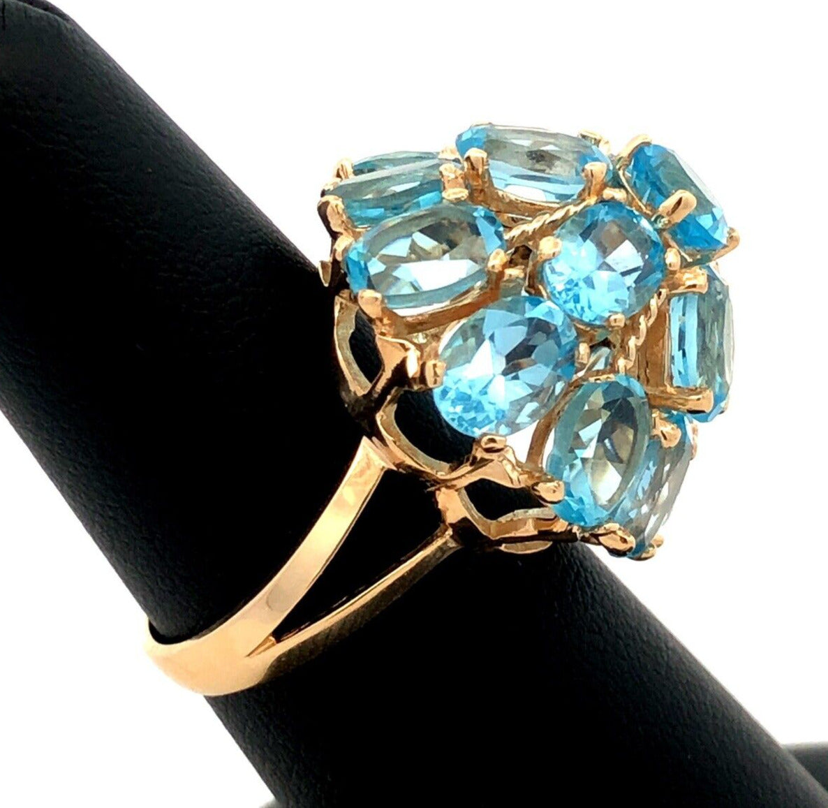 Designer EL 10K Yellow Gold Oval Blue Topaz Round Dome Statement Cocktail Ring