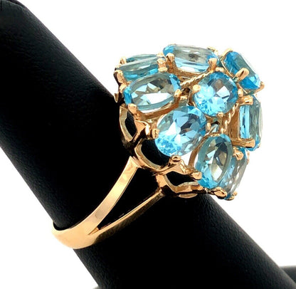 Designer EL 10K Yellow Gold Oval Blue Topaz Round Dome Statement Cocktail Ring