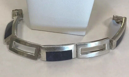 Vintage Taxco Mexico Sterling Silver 925 Lapis Lazuli Modernist Panel Bracelet