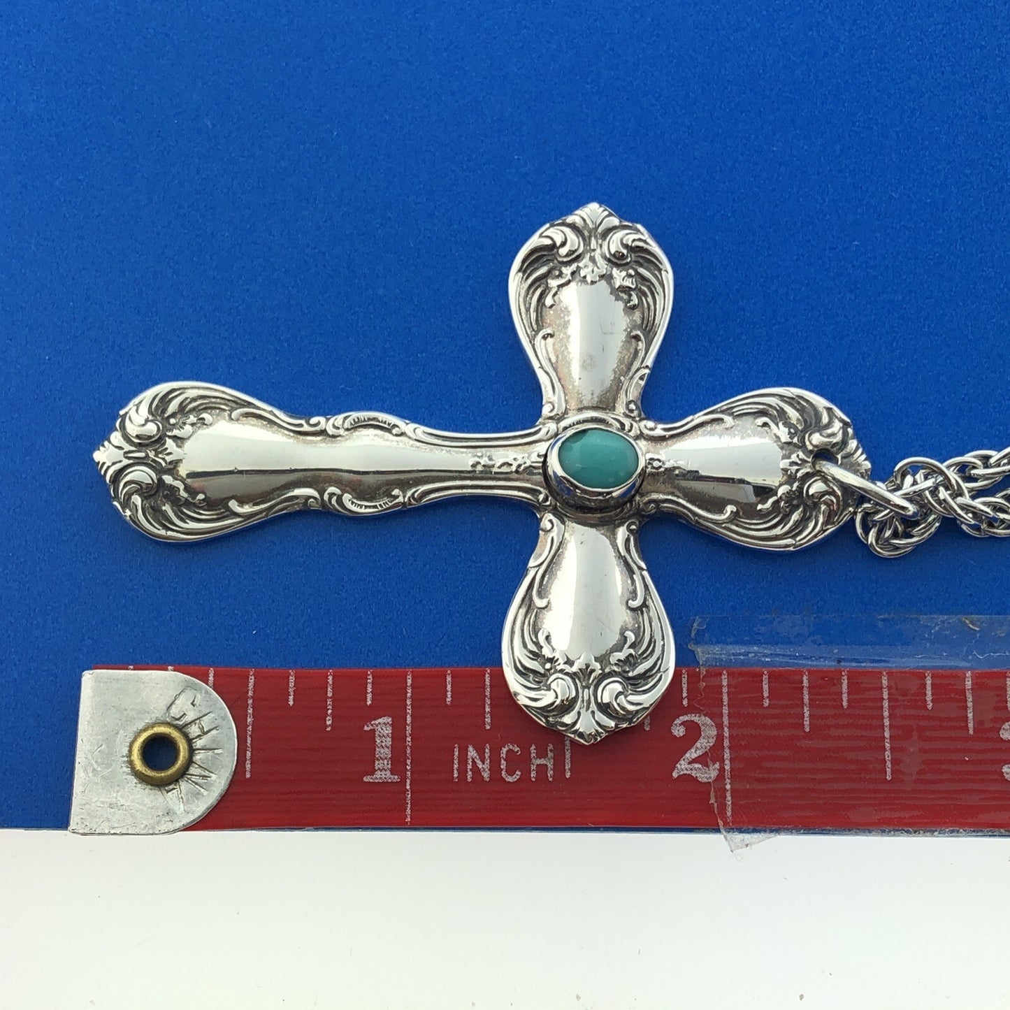 Vintage 925 Towle Old Master Turquoise Cross Religious Easter Statement Necklace