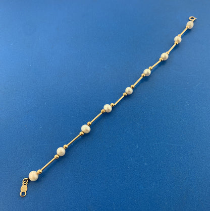 14K Yellow Gold Pearl & Gold Bead Bar June Wedding Anniversary Bracelet