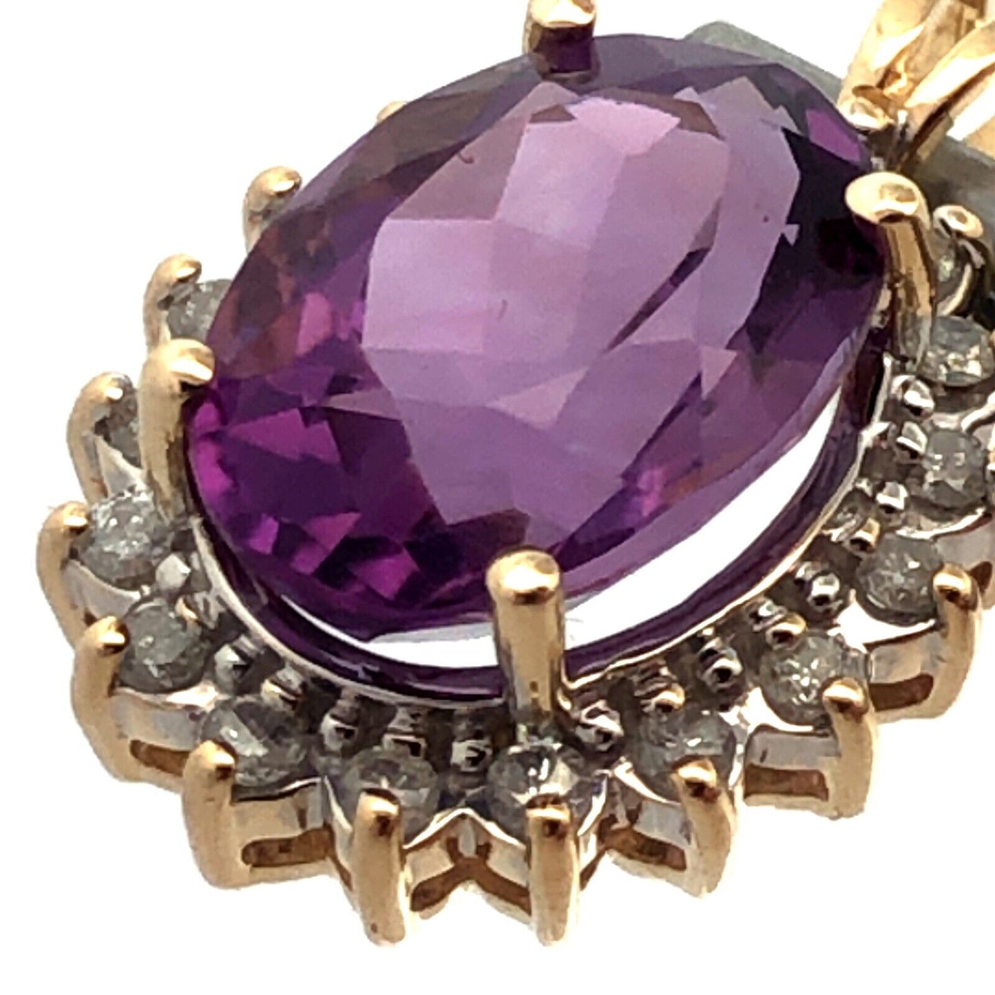 Designer 14K Yellow Gold Oval Purple Amethyst Diamond Halo Statement Pendant