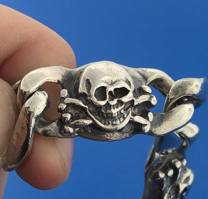 Unisex Sterling Silver 925 Skull Crossbones Biker Statement Bracelet S175