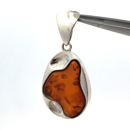 Vintage Estate 925 Sterling Silver Amber Cabochon Modernist Statement Pendant