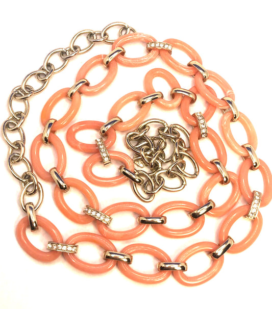 Vintage 1970's Gold-Tone Coral Lucite Rhinestone Runway Ready Statement Necklace