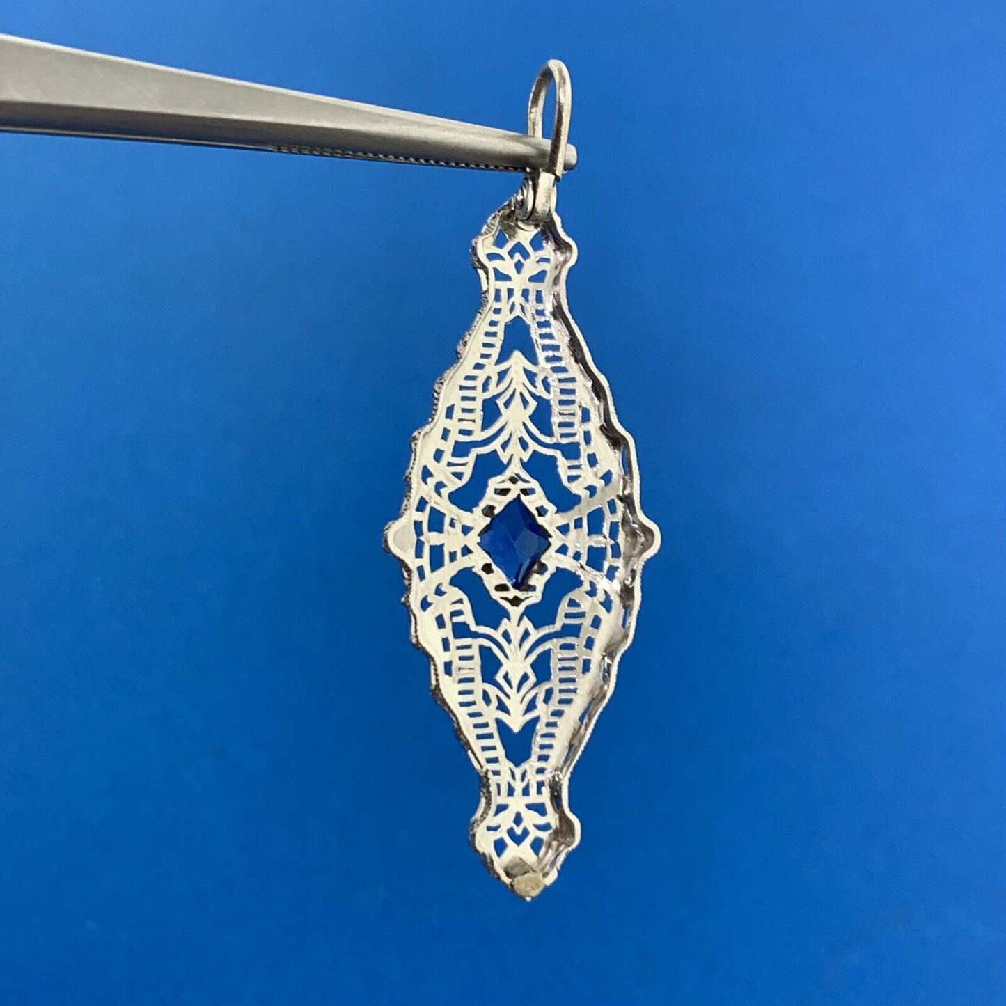 10K White Gold Blue Glass Filigree Statement Pendant