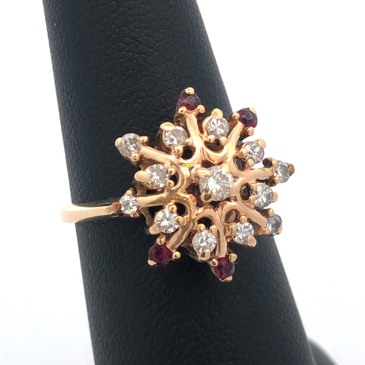 Designer 14K Yellow Gold Diamond Ruby Accent Starburst Snowflake Cocktail Ring