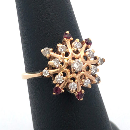 Designer 14K Yellow Gold Diamond Ruby Accent Starburst Snowflake Cocktail Ring