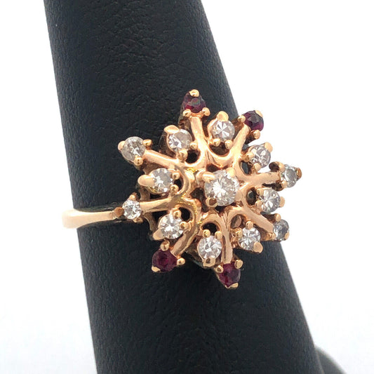 Designer 14K Yellow Gold Diamond Ruby Accent Starburst Snowflake Cocktail Ring
