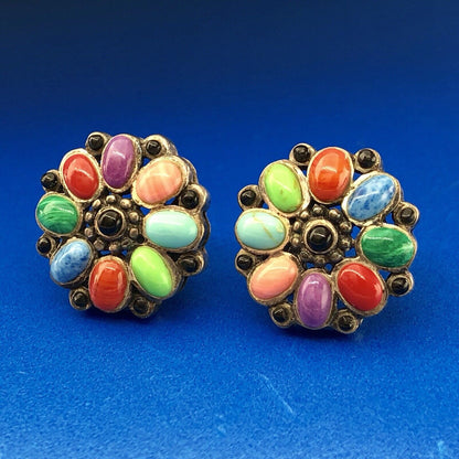 Vintage Sterling Silver 925 Multi Gem Floral Pinwheel Statement Stud Earrings