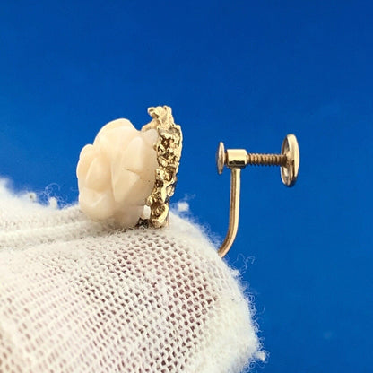 Mid Century 14K Yellow Gold Carved Pink Coral Rose Flower Dangle Screw Earrings