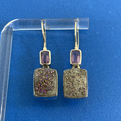 Designer 925 Sterling Silver Purple Drusy Quartz Amethyst Dangle Hook Earrings