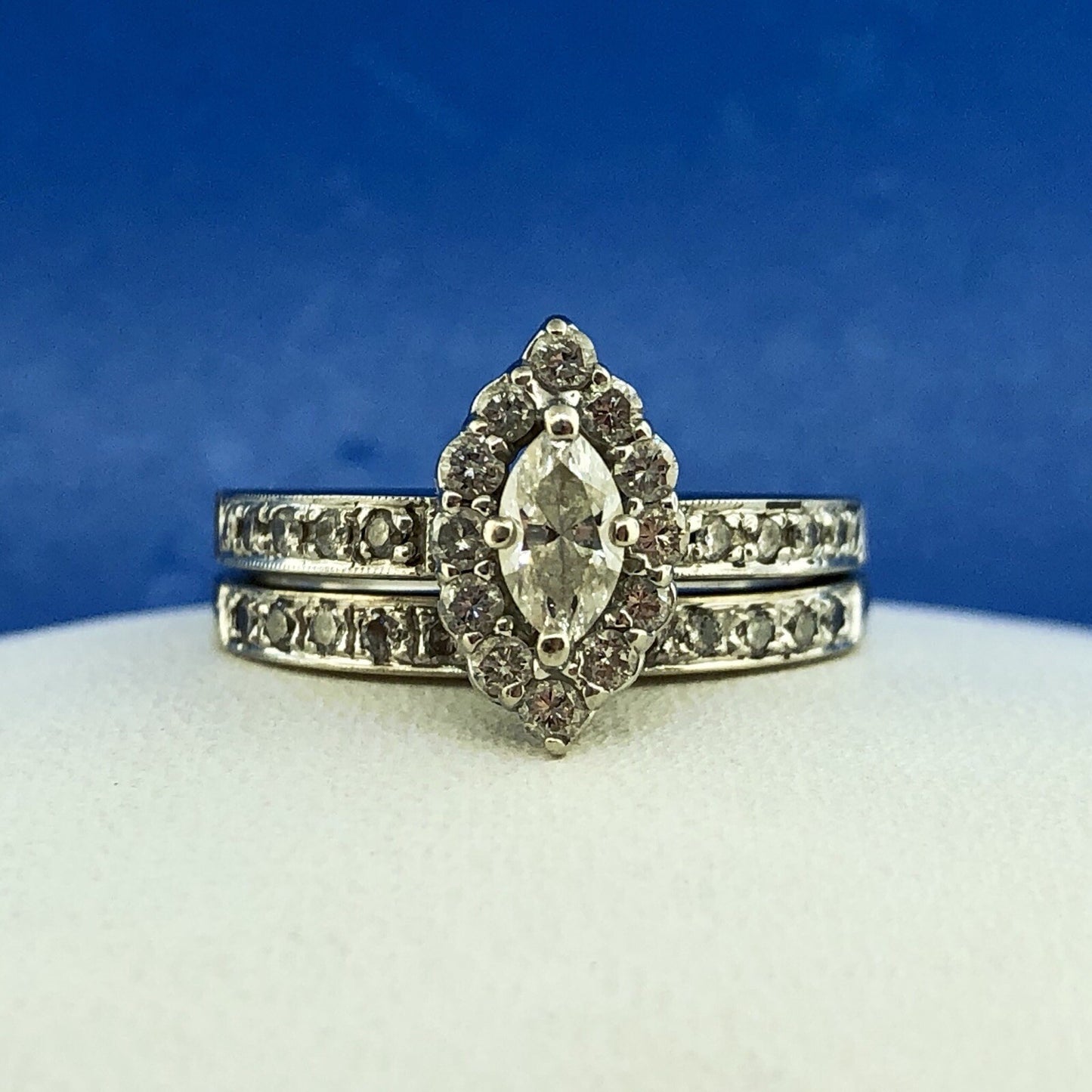 14K White Gold Marquise Solitaire Halo Accents Engagement Ring Band Bridal Set