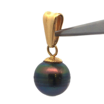 Vintage 18K Yellow Gold 10 mm Black Pearl Dangle Drop Charm Pendant