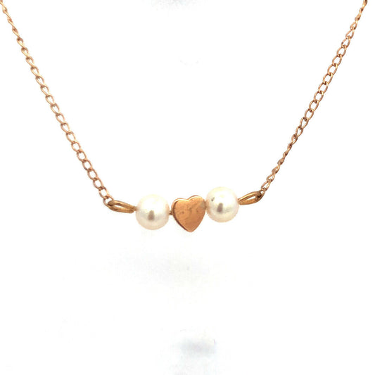 14K Yellow Gold Filled Pearl Heart Station Valentines Love Choker Necklace