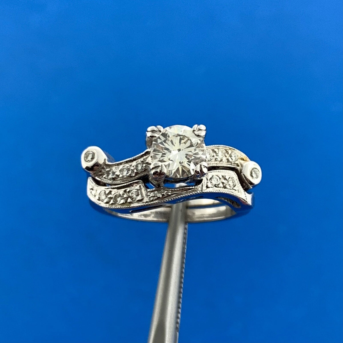 Art Deco 14K White Gold Diamond Solitaire w/Accents Interlocking Bridal Set
