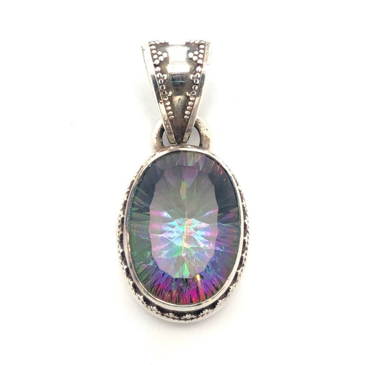 Vintage 925 Sterling Silver Oval Mystic Topaz Statement Pendant