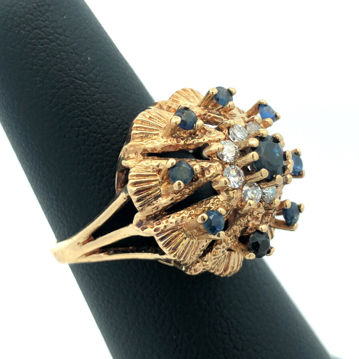 Retro 14K Yellow Gold Sapphire Diamond September Anniversary Princess Harem Ring