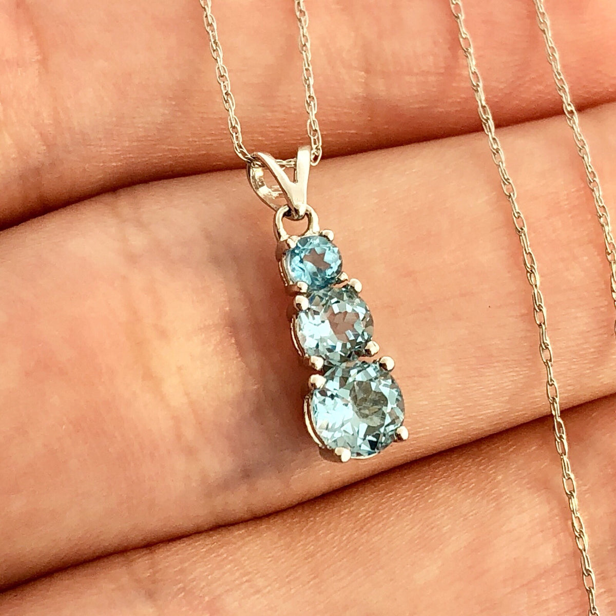 Designer 10K White Gold Round Blue Topaz Journey Pendant Necklace