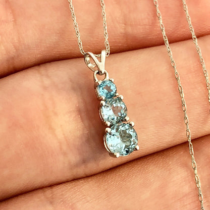 Designer 10K White Gold Round Blue Topaz Journey Pendant Necklace