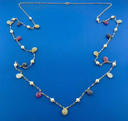 Designer 18K Yellow Gold Spinel Ruby Sapphire Pearl Station Long Chain Necklace