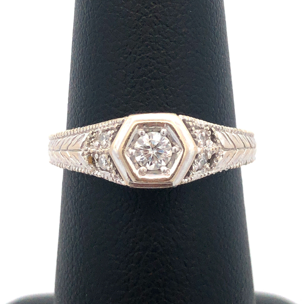 14k White Gold Round Solitaire Diamond W/Accents Art Deco Engagement Ring