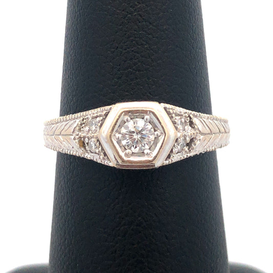 14k White Gold Round Solitaire Diamond W/Accents Art Deco Engagement Ring