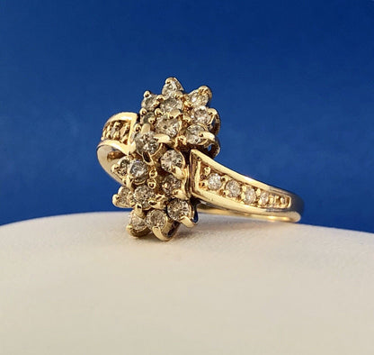 Vintage 14K Yellow Gold Diamond Waterfall Flower Cluster Statement Cocktail Ring