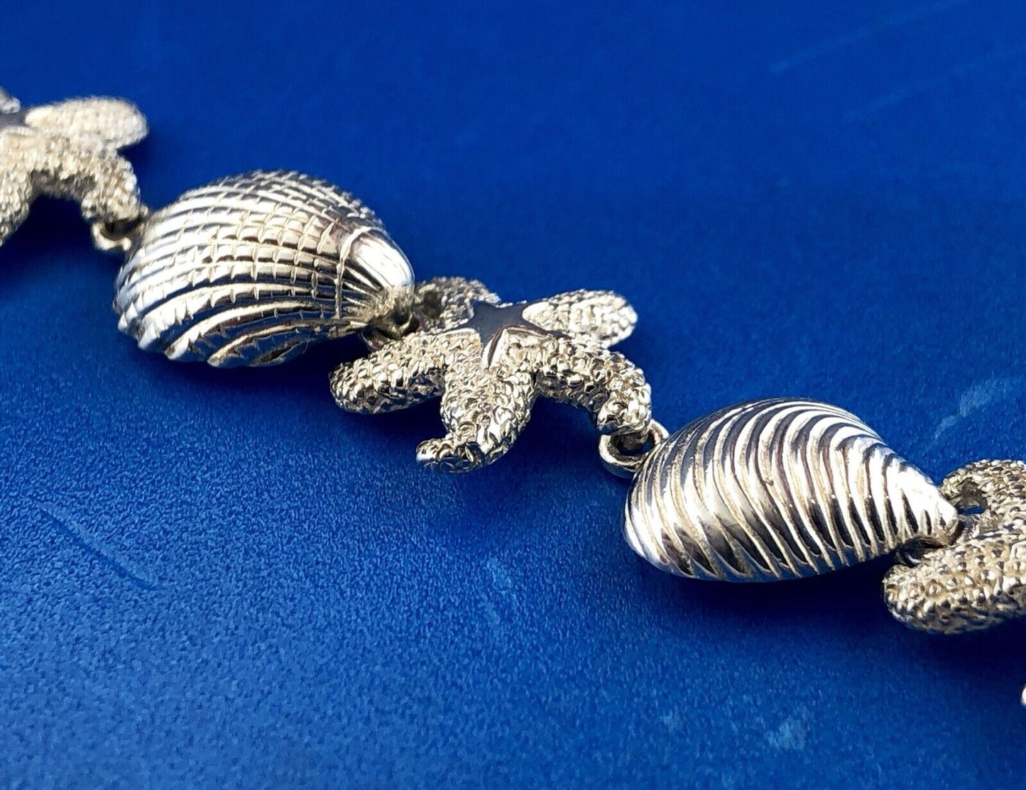 Designer Sterling Silver 925 Sea Shell Star Fish Ocean Panel Link Bracelet