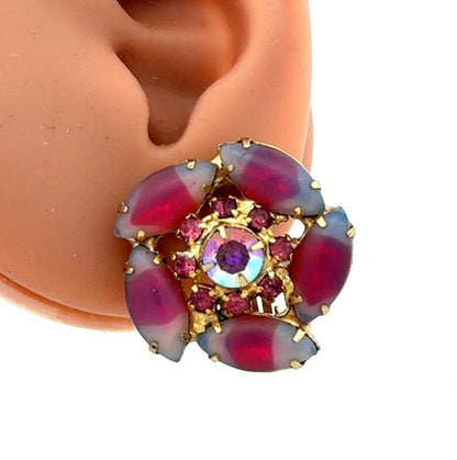 Vintage Gold Tone Pink Purple Rhinestone Jelly Belly Flower Clip On Earrings