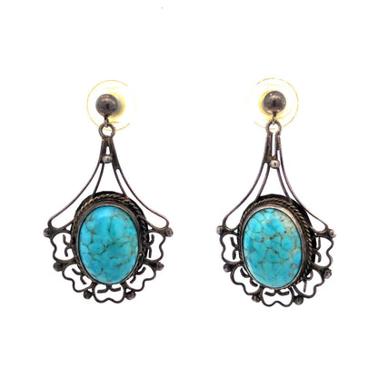 Vintage Taxco EMV 925 Sterling Silver Oval Larimar Cabochon Dangle Drop Earrings