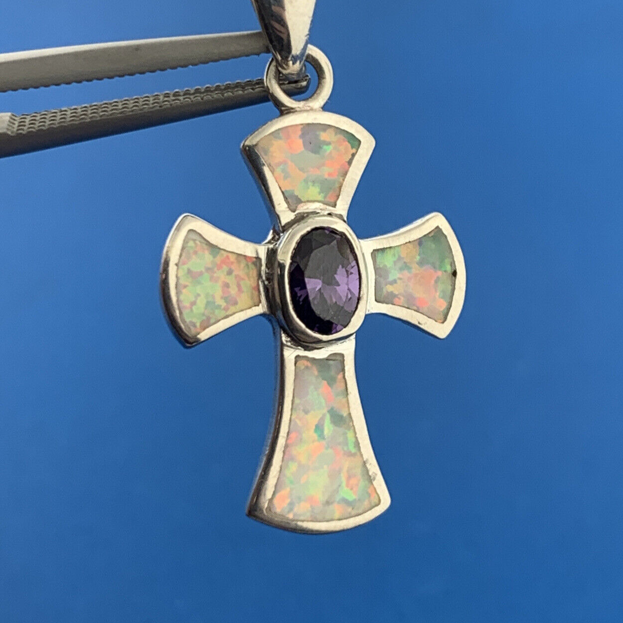 Designer 925 Sterling Silver Oval Amethyst Opal Inlay Modernist Cross Pendant