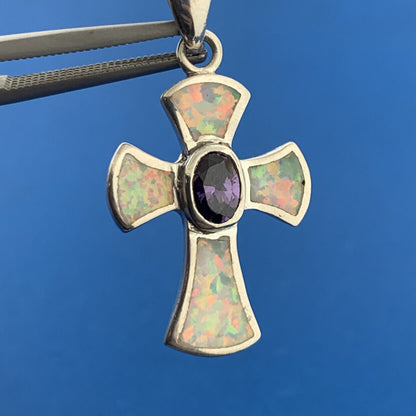 Designer 925 Sterling Silver Oval Amethyst Opal Inlay Modernist Cross Pendant