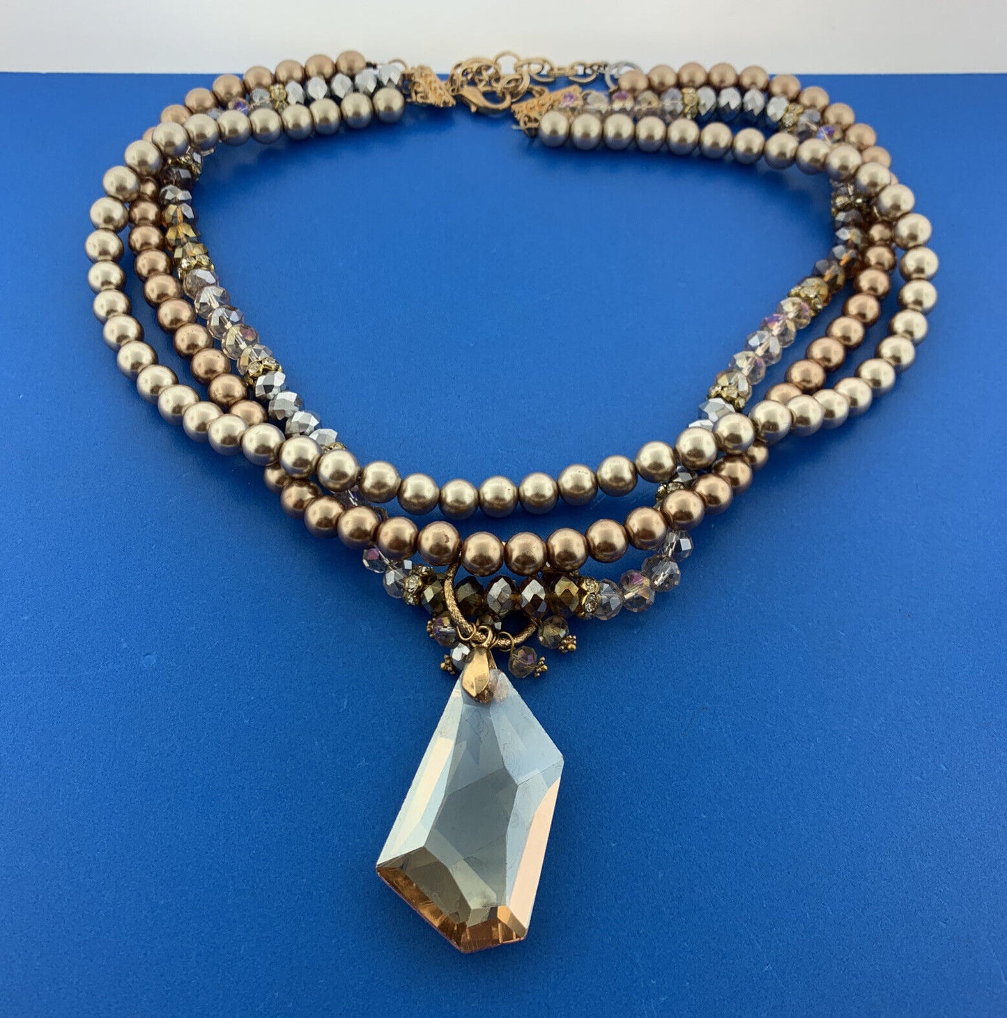 Gold Tone Faux Pearl Crystal Bead Faceted Glass Pendant Statement Necklace